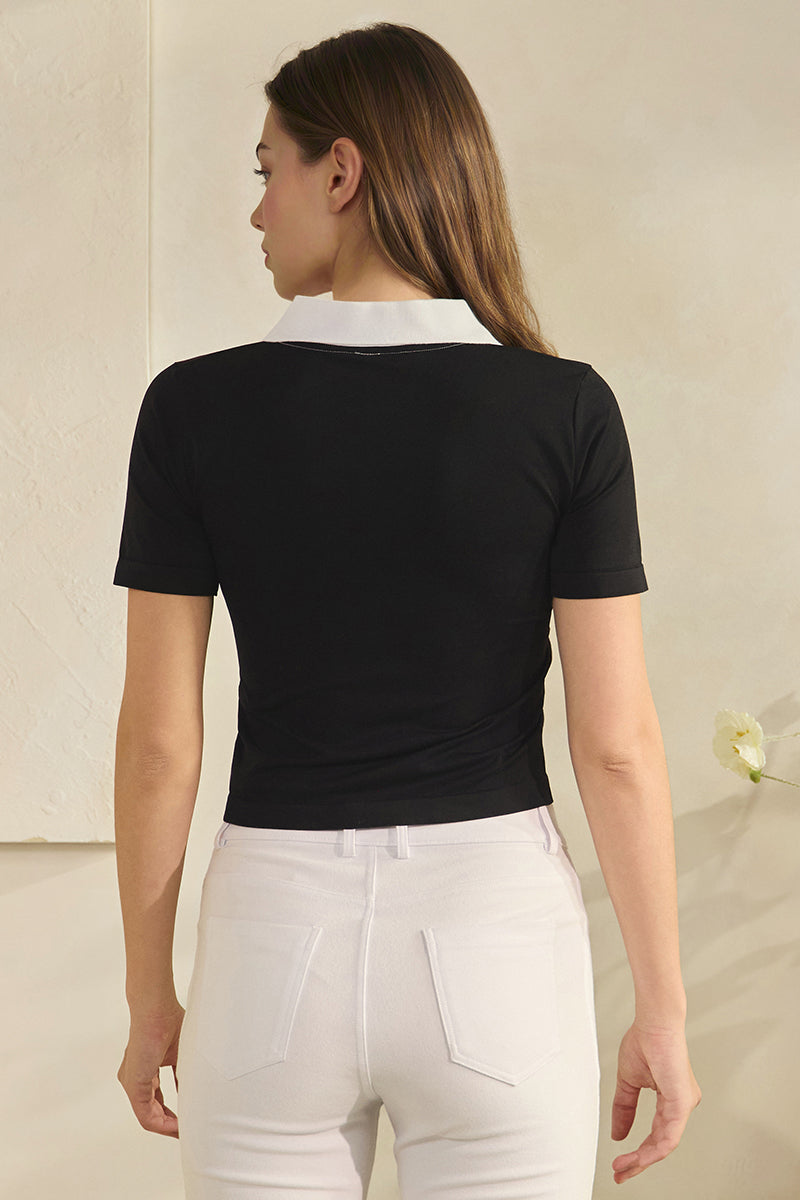 Women's Seamless Contrast Collared Polo Cropped Top