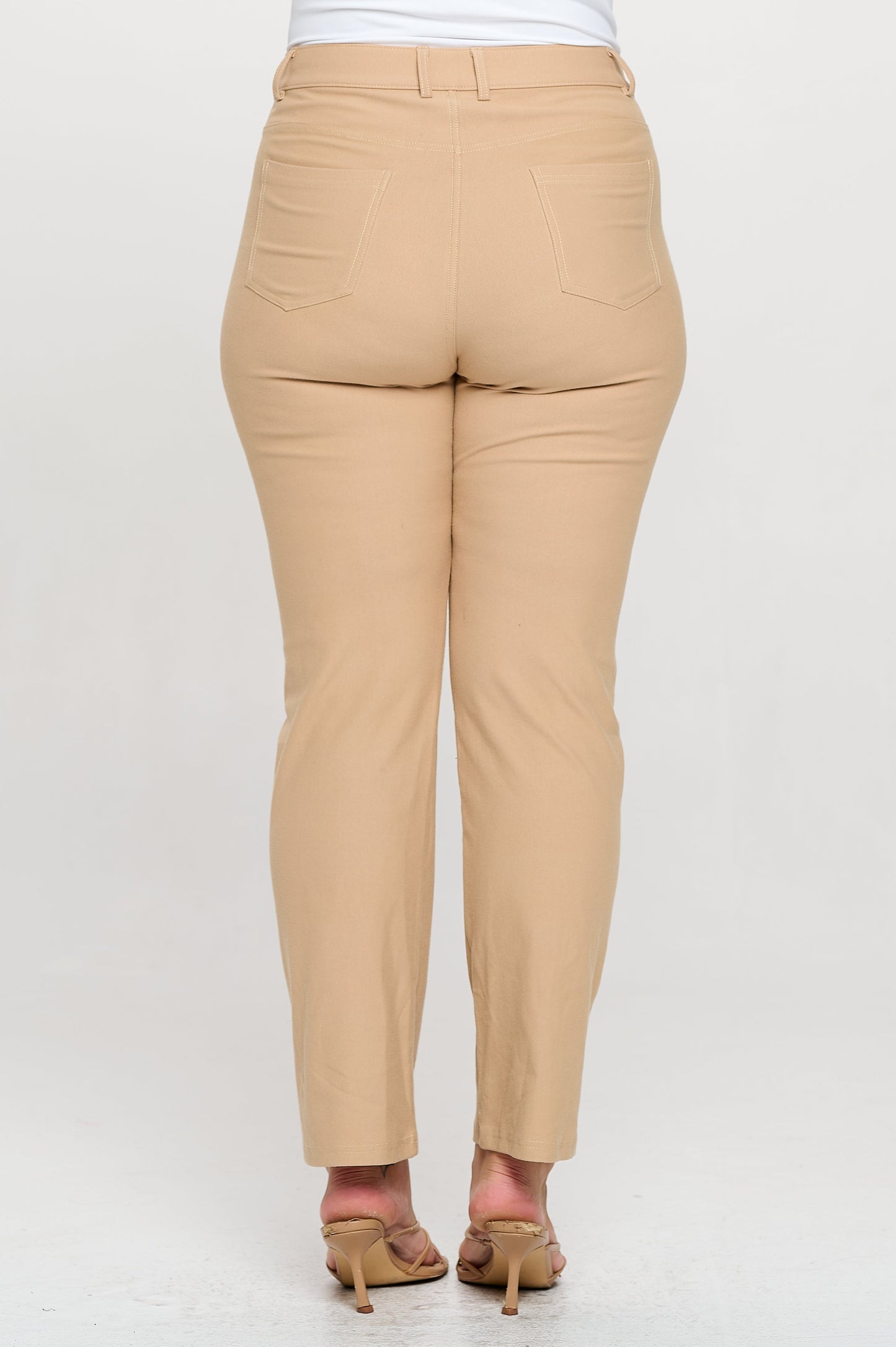 Back View of Camel Colored Straight Leg Jeggings, Denim Leggings, Elastic Waist Jean Pants for Women